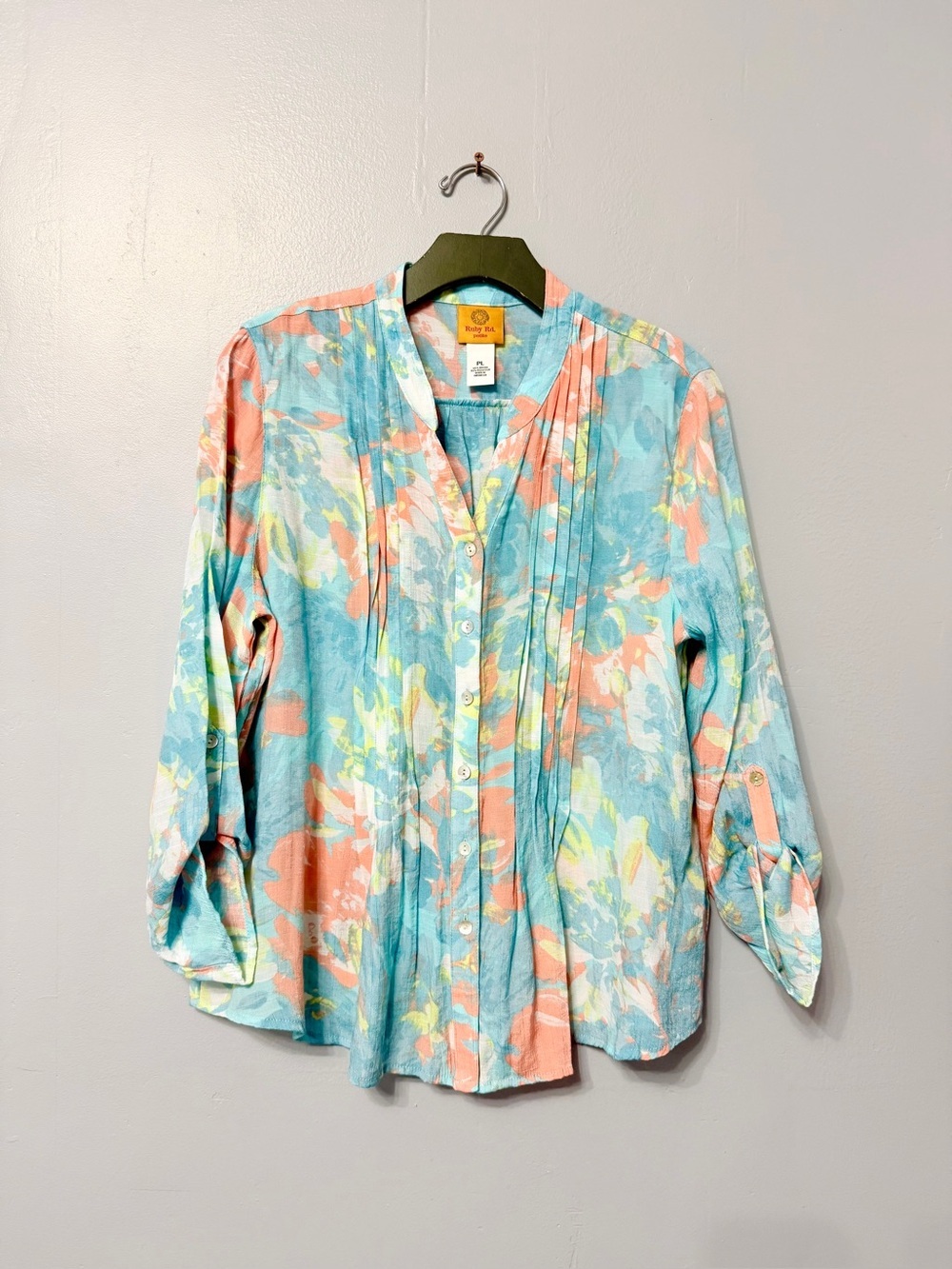 #17) Ruby Rd. Coral, Light Blue & Yellow Floral Button-Down Shirt